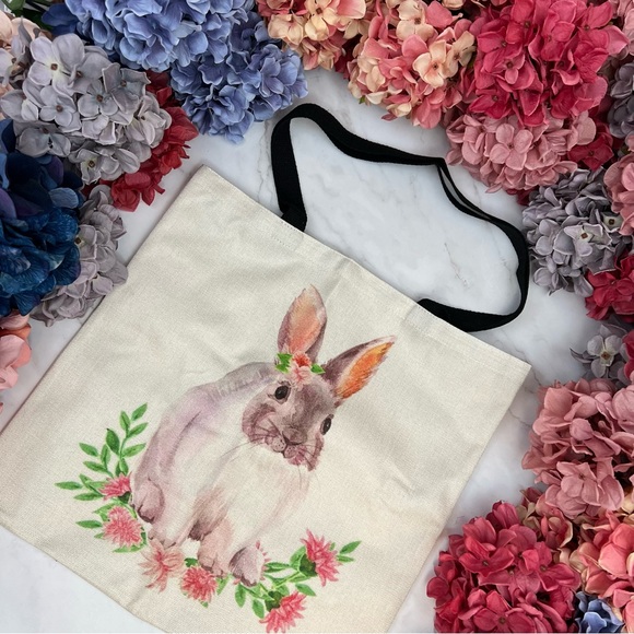 Eco-Friendly Bunny with Pink Flowers Folding Tote Bag - Picture 4 of 14